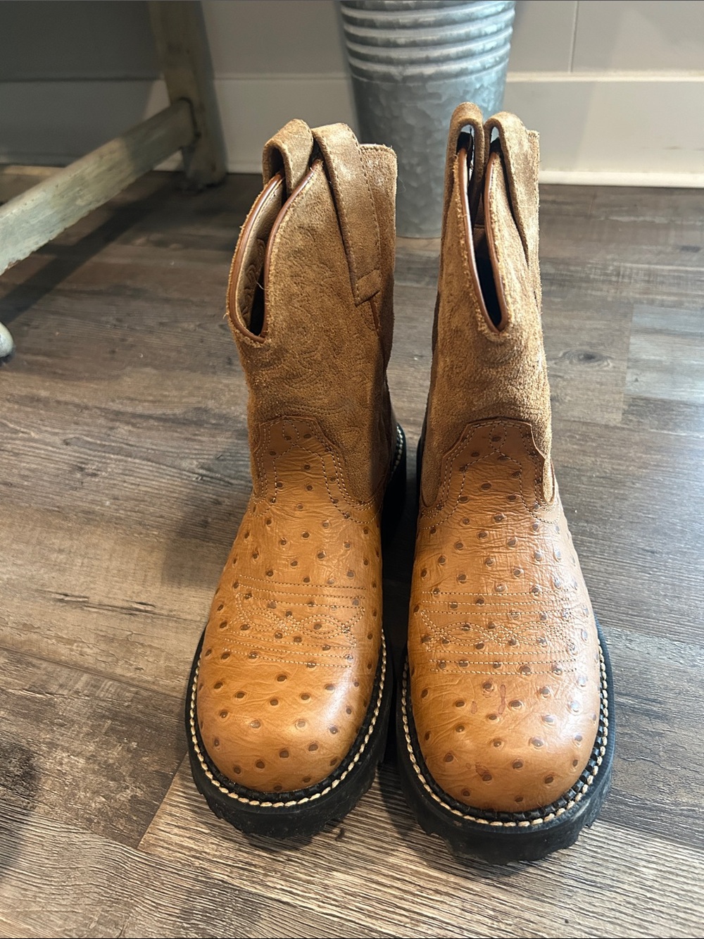 Ariat Tan Ostrich-Textured Suede Western Ankle Boots